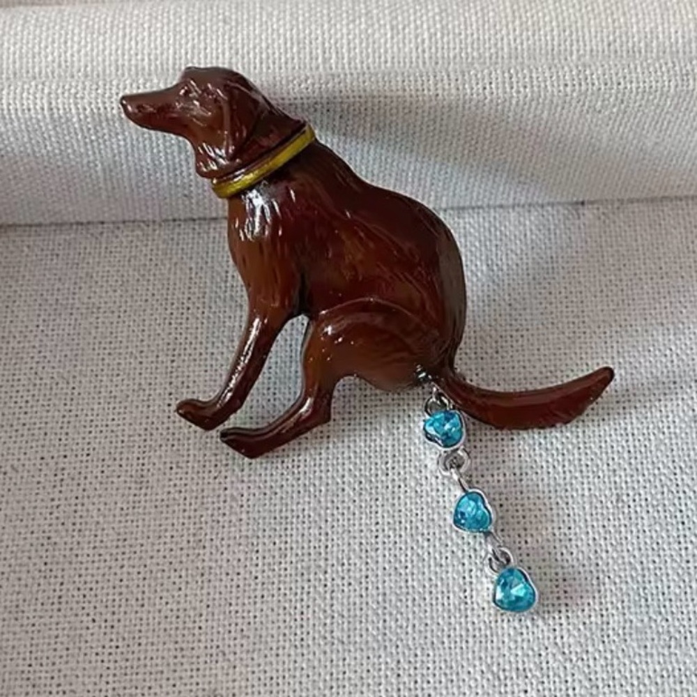 Pooping Chocolate Brown Lab Dog Brooch Pin Jewelry W/ Blue Crystal Poop